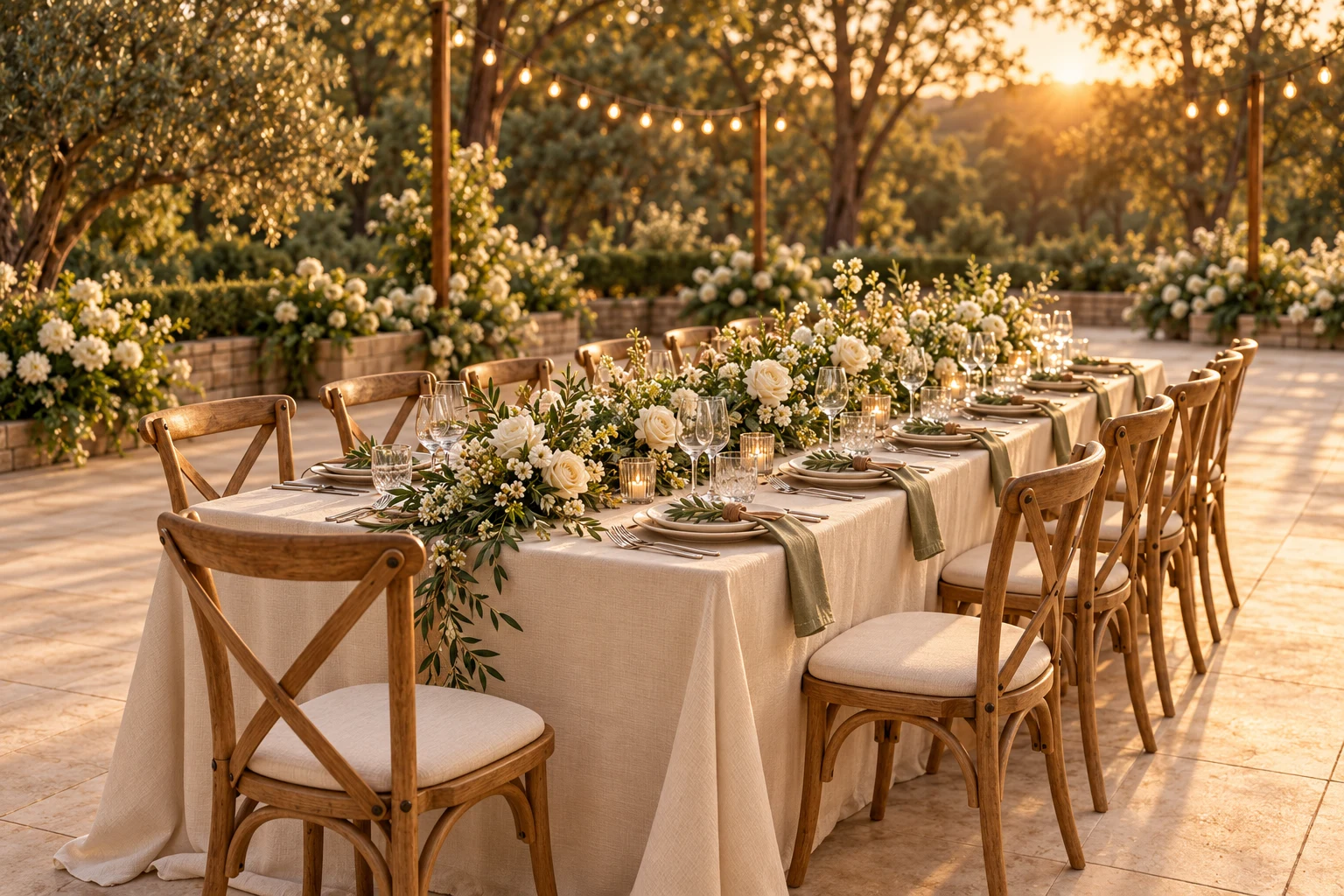 Mesa de banquete com madeira, flores e lugares preparados em um bosque