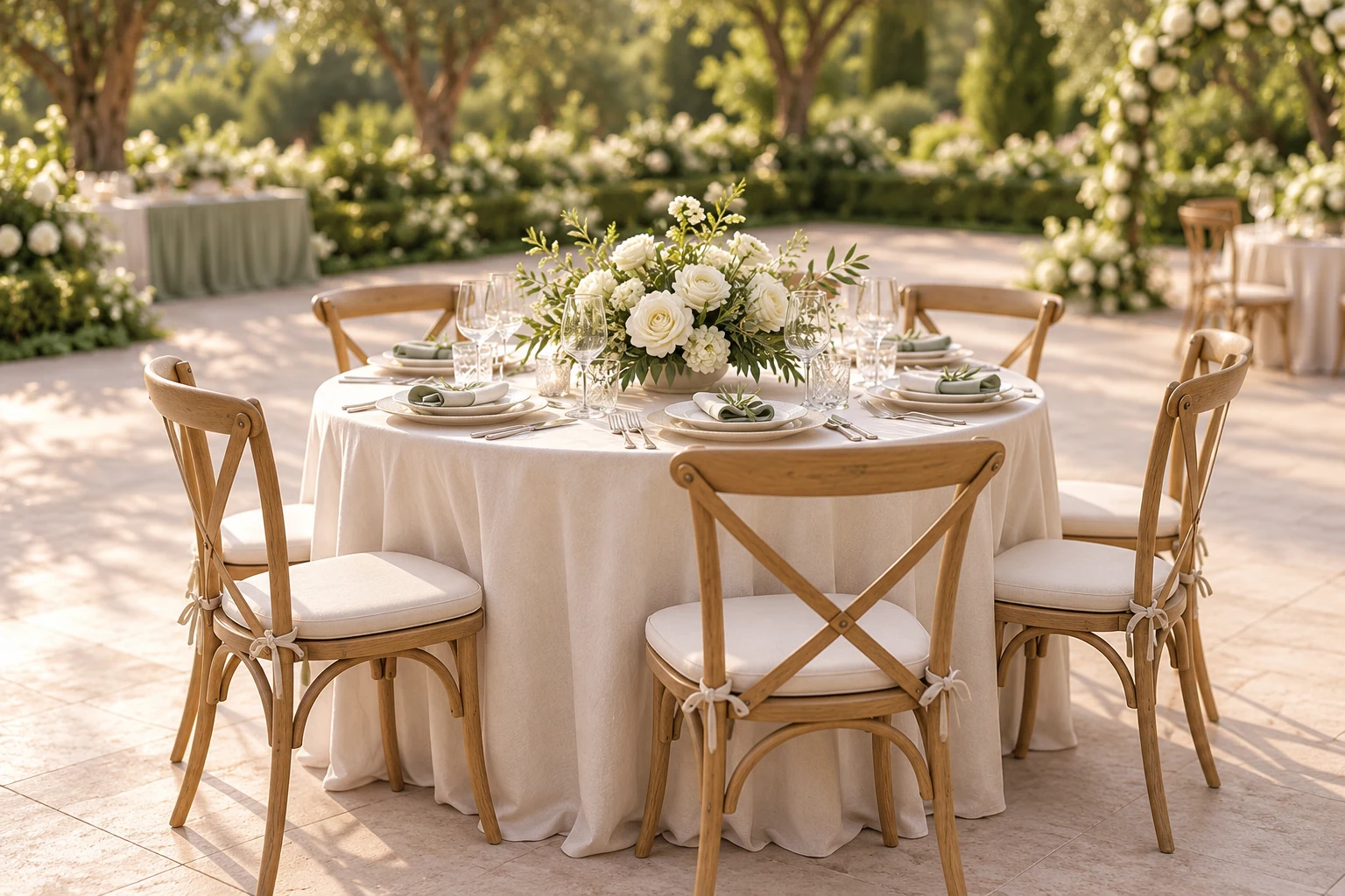 Mesa redonda preparada para receber convidados em um jardim