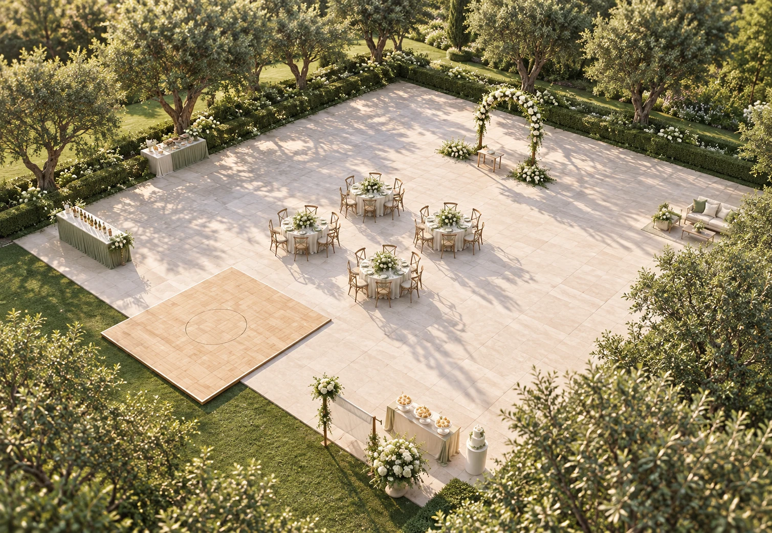 Vista de casamento intimista em um jardim com poucas mesas