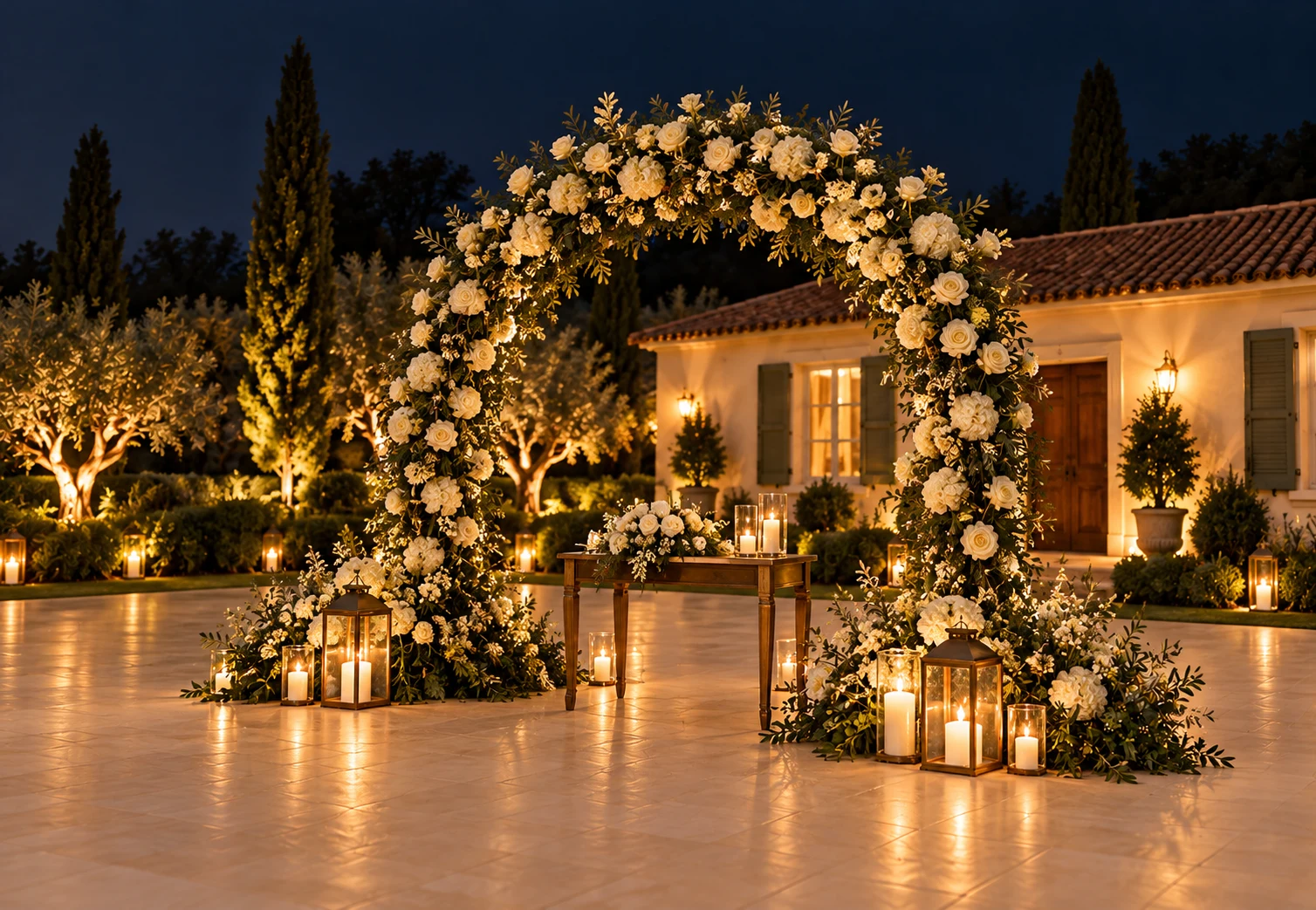 Cerimônia noturna com iluminação acolhedora e composição floral