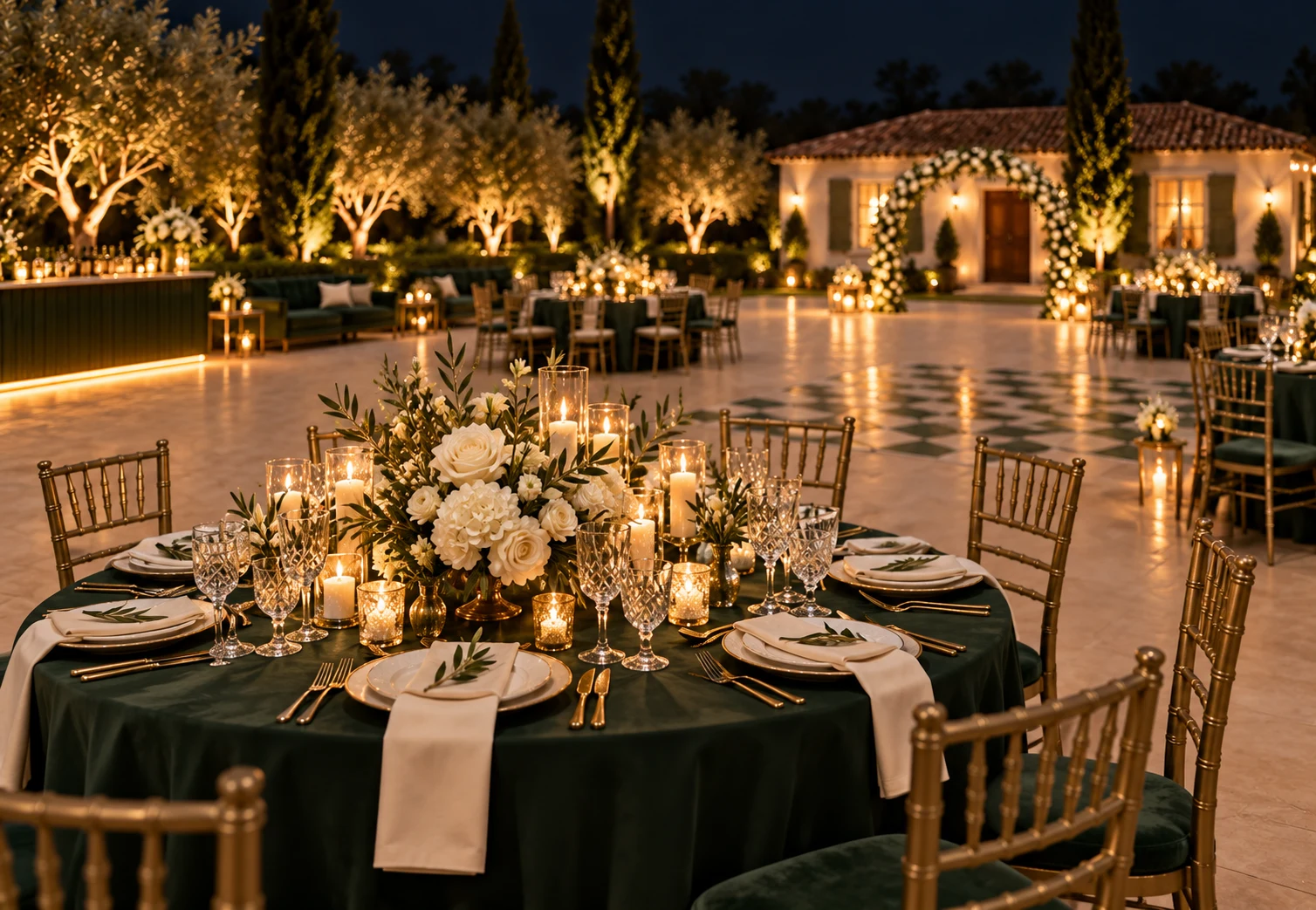 Mesa de casamento noturno com velas e detalhes florais iluminados